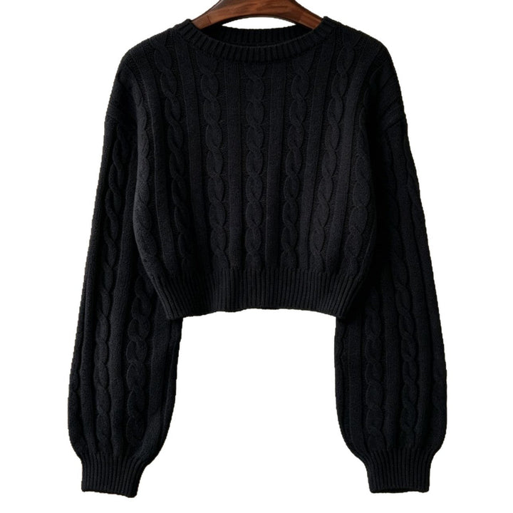 Women Cropped Cable Knit Sweater with Boxy Silhouette and Balloon Sleeves