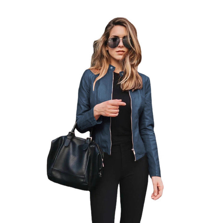 Women's Tailored Leather Jacket with Stand-up Collar and Concealed Zipper