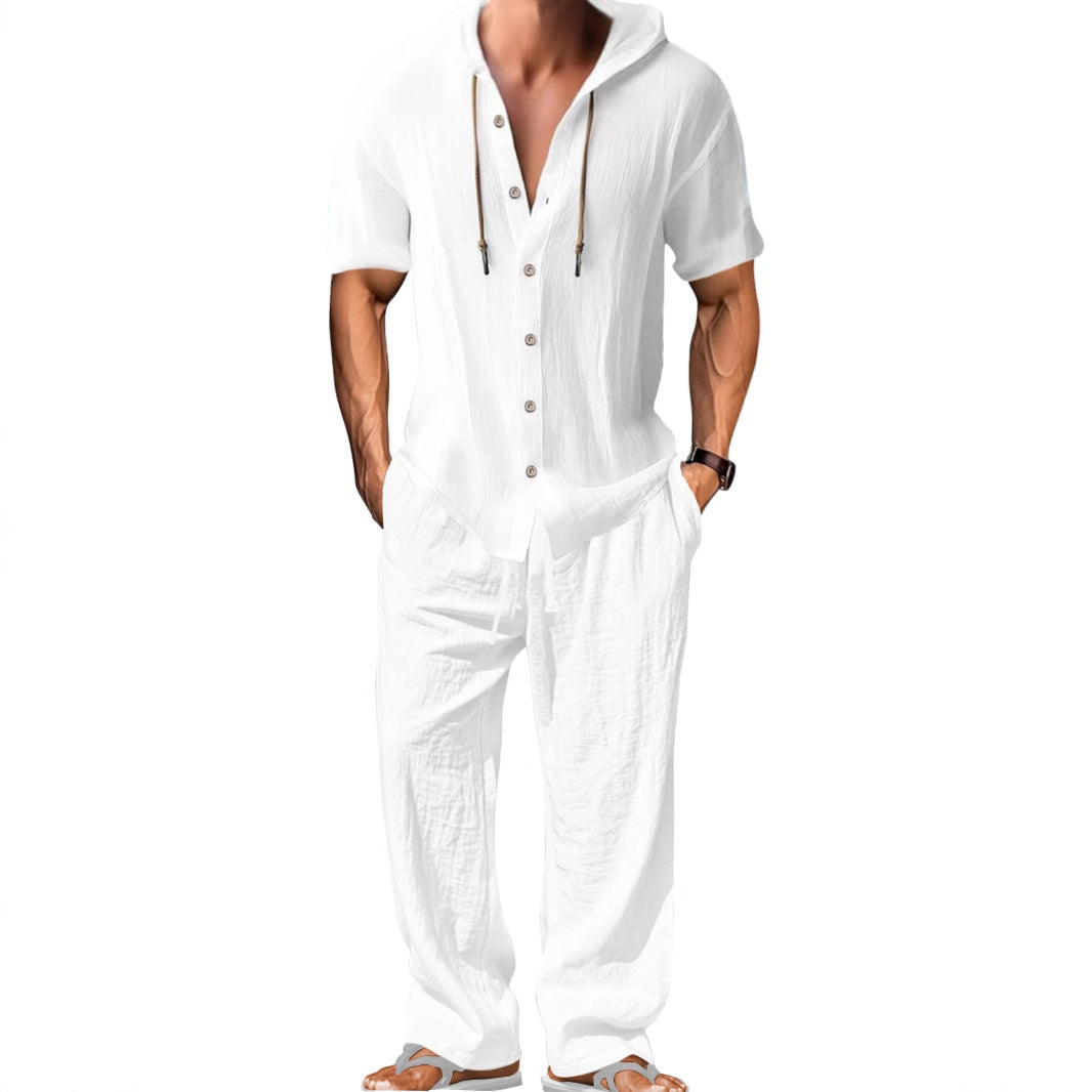 Men's Airy Linen Lounge Set with Short-sleeved Hoodie and Straight Relaxed Pants