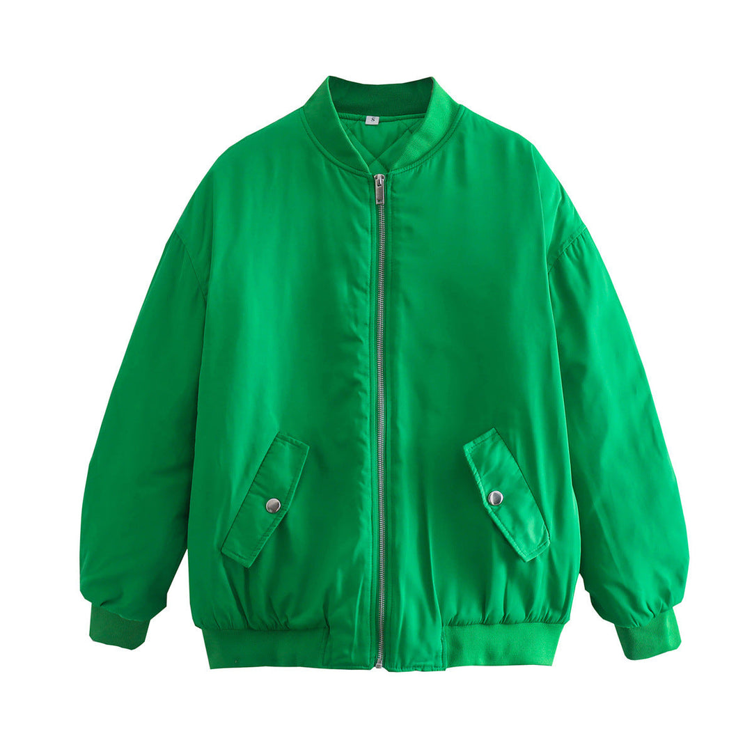 Women's Oversized Bomber Jacket with Stand-up Collar, Zipper and Snap Button Pockets