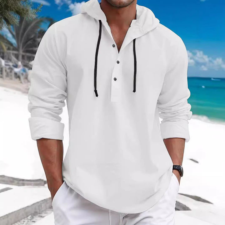 Men's Summer Hoodie Henley with Hidden Button Placket, Drawstring and Rounded Hem
