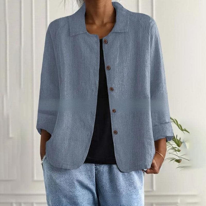 Women's Oversized Linen Shirt Jacket with Shirt Collar, 3/4 Sleeves and Continuous Button Placket