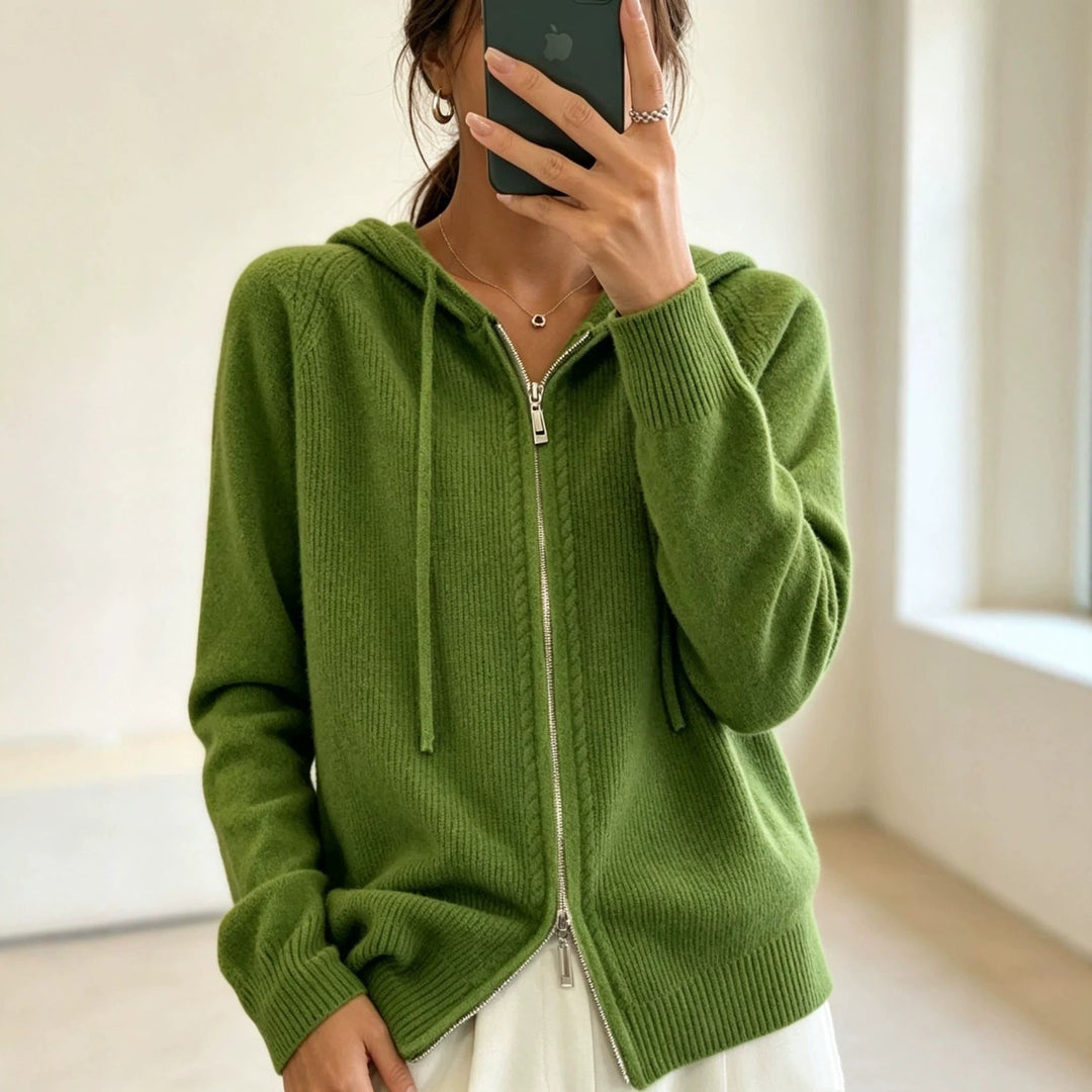 Women's Hooded Cardigan with Zipper, Fine Knit and Ribbed Cuffs