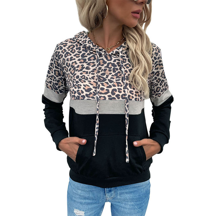 Women's Hoodie with Leopard Print, Color Block Insert and Kangaroo Pocket