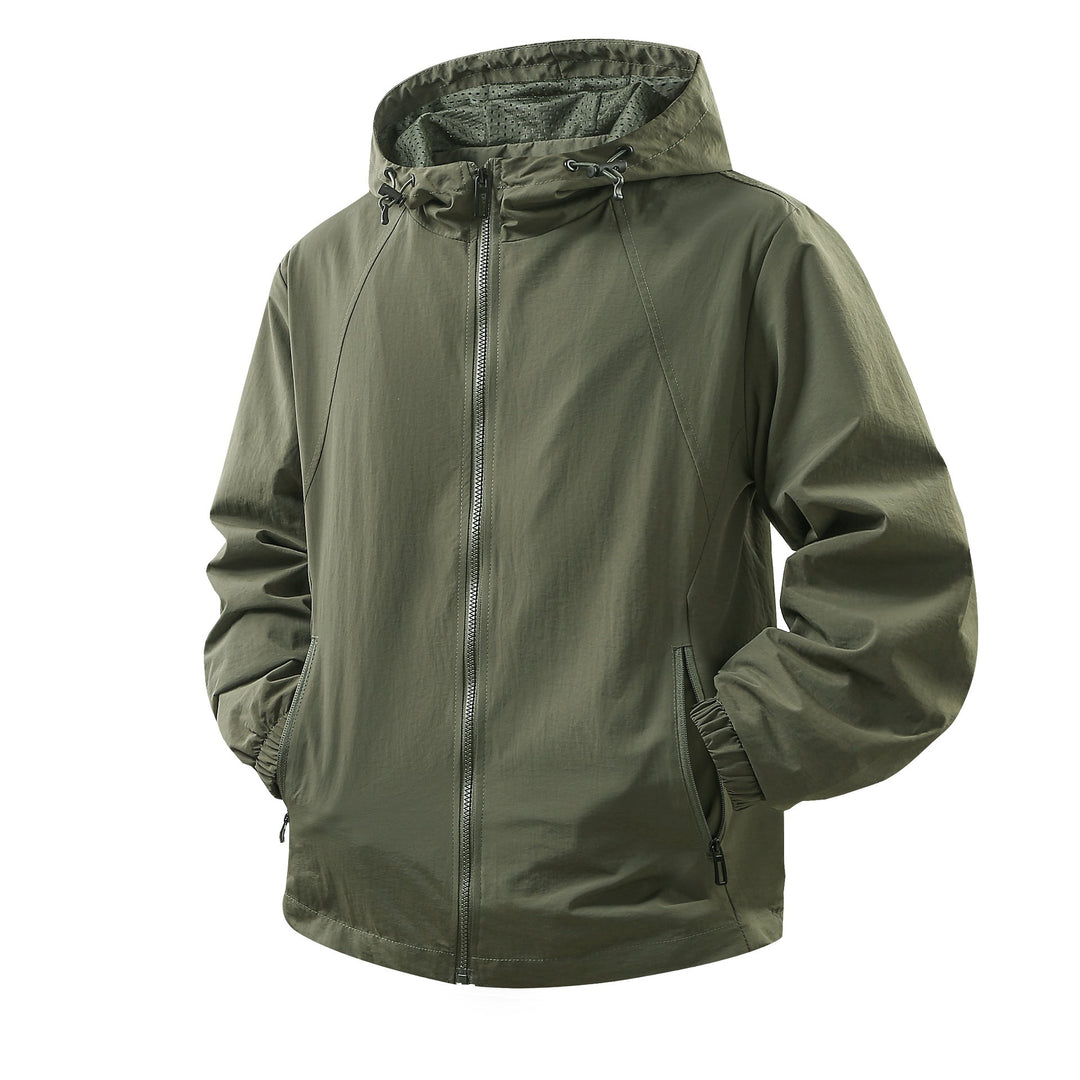 Men's Lightweight Breathable Hooded Windbreaker with Mesh Lining and Zipper Pockets