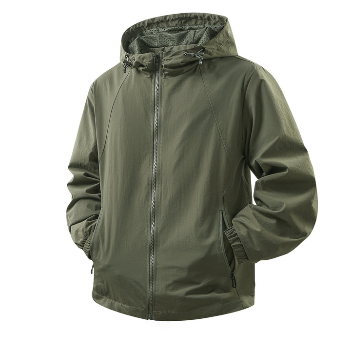 Men's Lightweight Breathable Hooded Windbreaker with Mesh Lining and Zipper Pockets