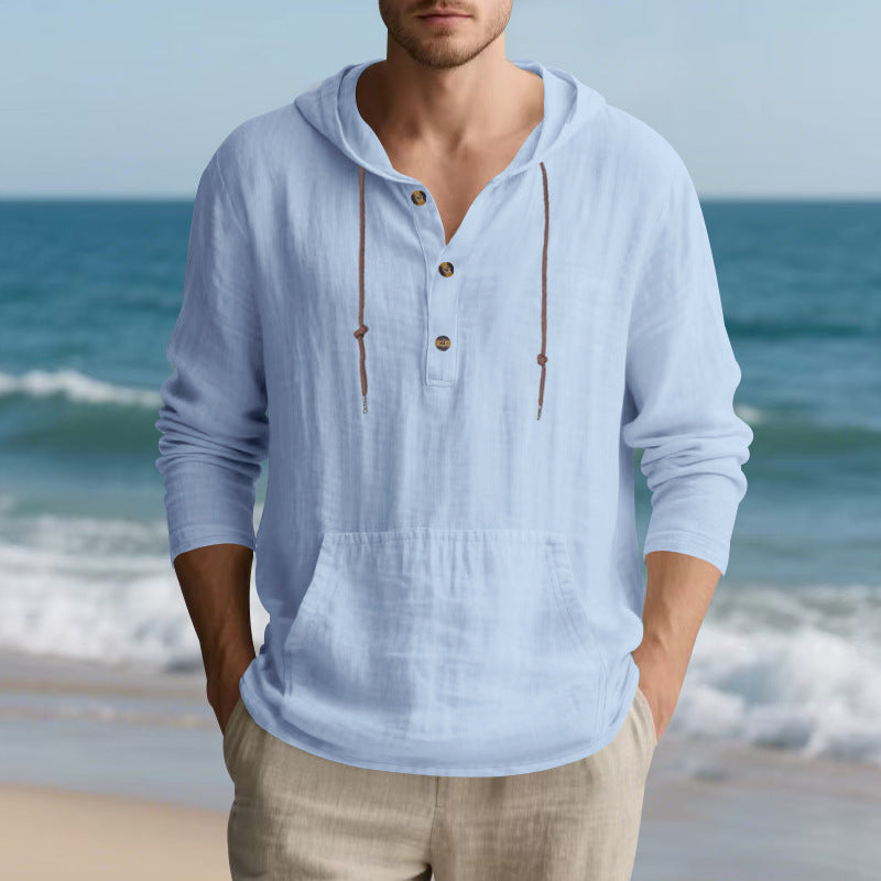 Men's Lightweight Hooded Henley made of Linen-cotton Blend with Kangaroo Pocket and Button Placket