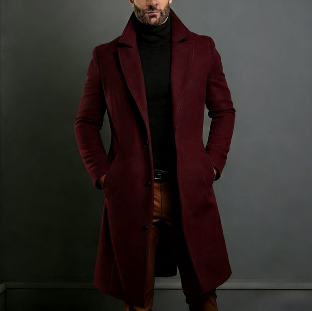 Men's Elegant Single-Breasted Long Coat made of Wool Blend with Slim Silhouette and Lapel Collar