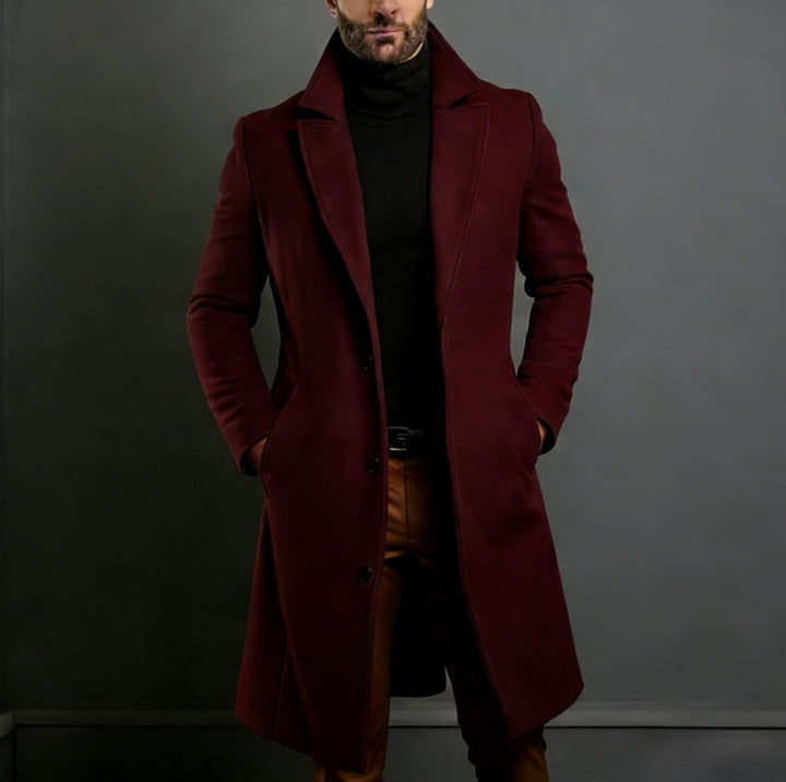 Men's Elegant Single-Breasted Long Coat made of Wool Blend with Slim Silhouette and Lapel Collar