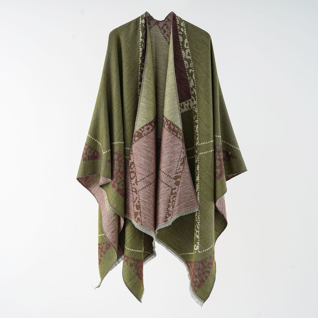 Women's Oversize Cape Throw with Jacquard Woven Patch Motifs and Fringed Hem