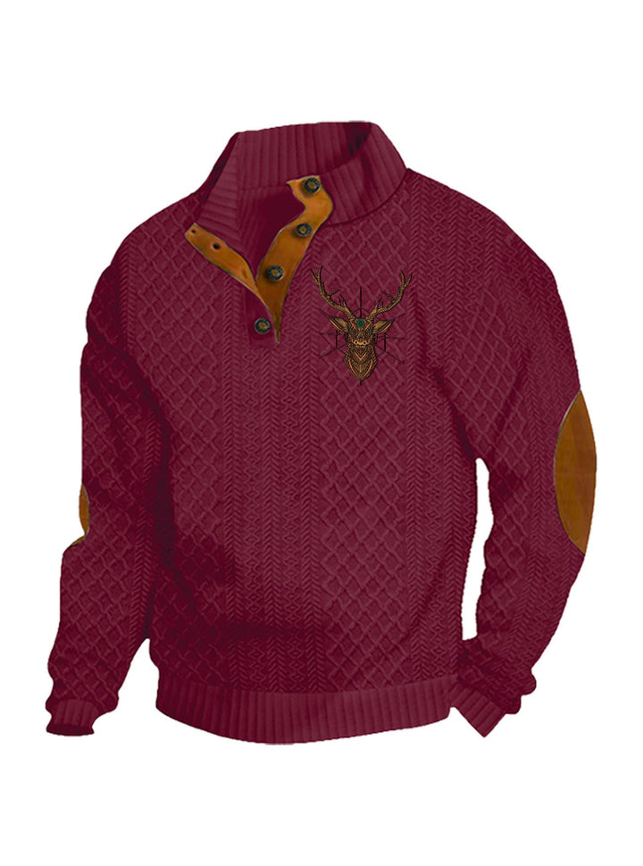 Men's Heritage Textured Pullover with Stand-up Collar Faux Leather Trim Elbow Patches and Half-button Placket