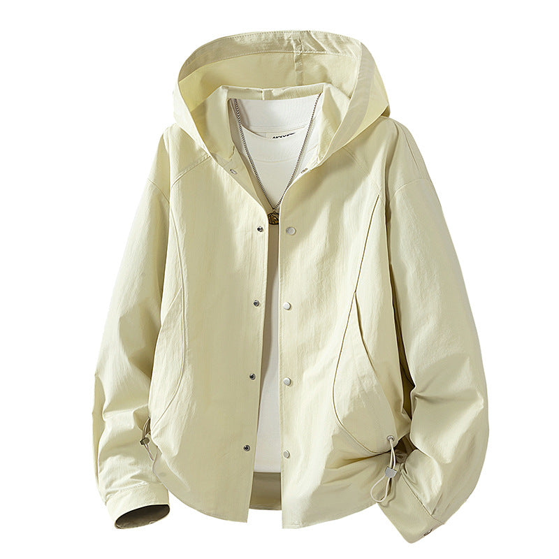 Women's Lightweight Hooded Jacket with Snap Front, Adjustable Drawstring Hem, and Practical Side Pockets