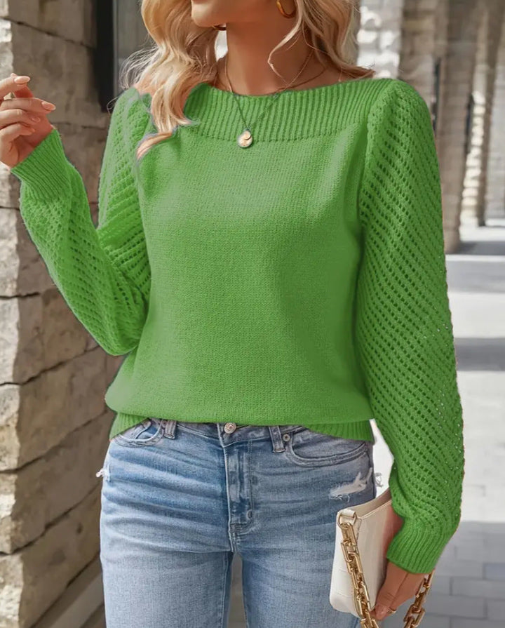 Women's Fine Knit Sweater with Ajour Puff Sleeves and Bateau Neckline
