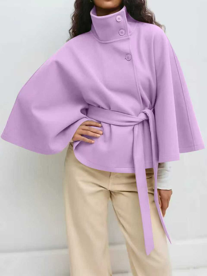 Women's Widely Cut Cape Coat with High Stand-up Collar, Button Placket, and Tie Belt