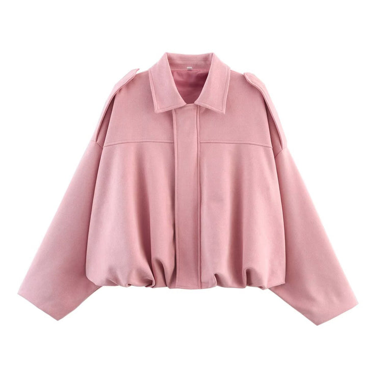 Women Oversized Suede Bomber Jacket with Shoulder Epaulettes
