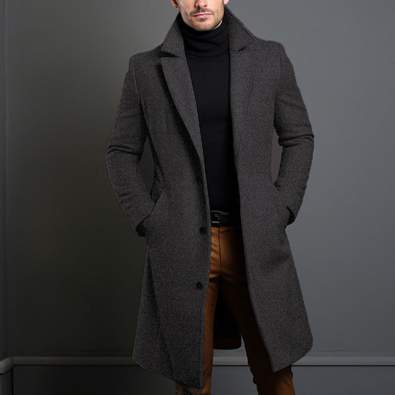 Men's Elegant Single-Breasted Long Coat made of Wool Blend with Slim Silhouette and Lapel Collar