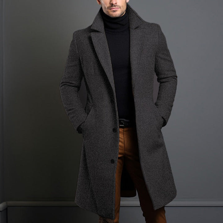Men's Elegant Single-Breasted Long Coat made of Wool Blend with Slim Silhouette and Lapel Collar