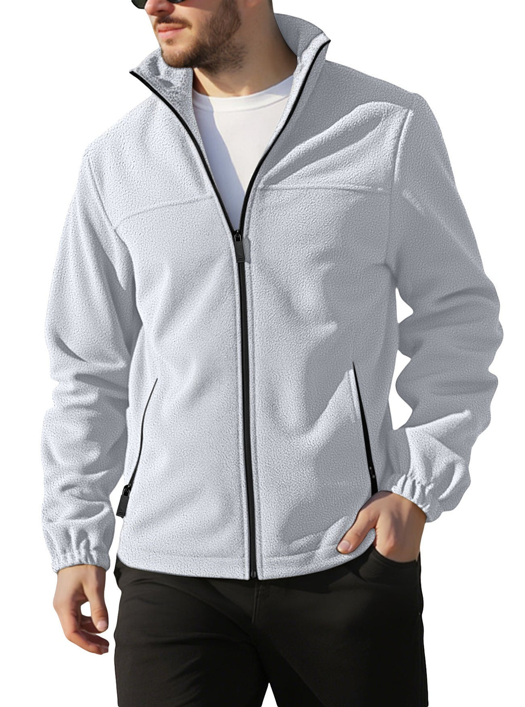 Men's Fleece Jacket with Zipper, Stand-up Collar and Zip Pockets