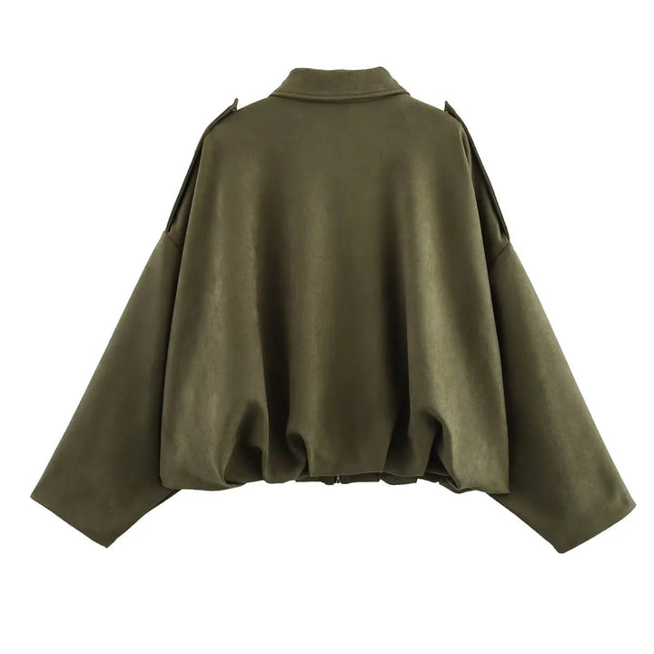 Women Oversized Suede Bomber Jacket with Shoulder Epaulettes