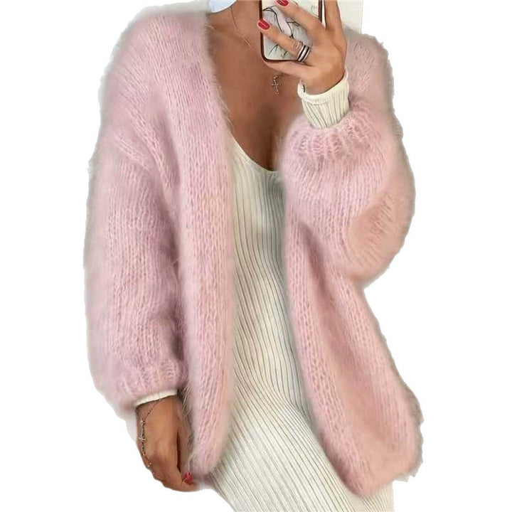 Women's Fluffy Oversize Mohair-Optic Cardigan with Open Cut and Balloon Sleeves