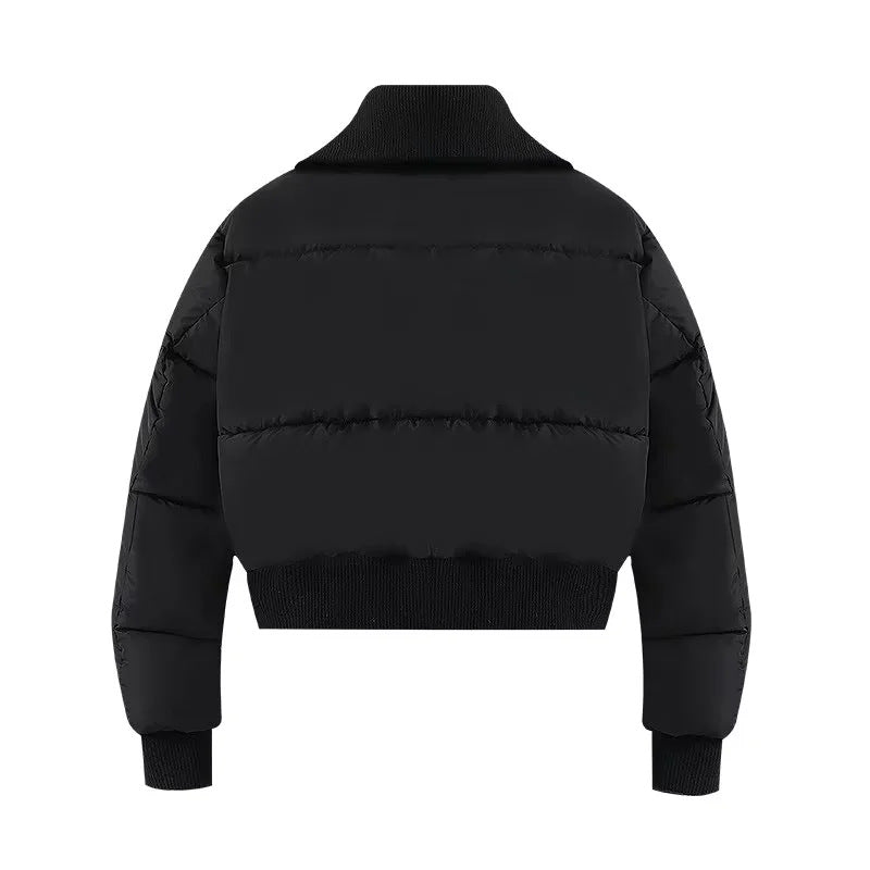 Women's Short Quilted Bomber Jacket with High Stand Collar, Ribbed Trims and Slanted Zip Pockets