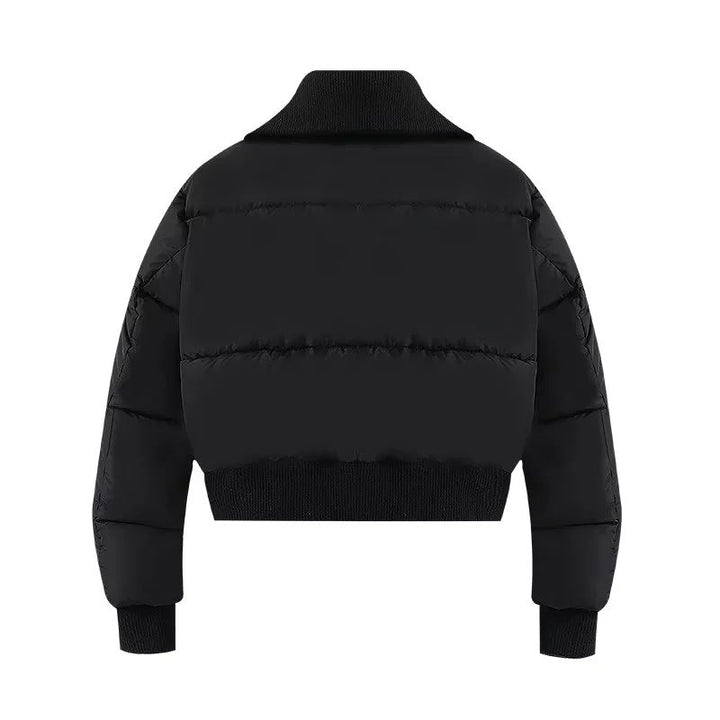 Women's Short Quilted Bomber Jacket with High Stand Collar, Ribbed Trims and Slanted Zip Pockets