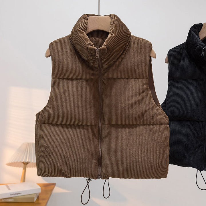 Women's Padded Cord Quilted Vest with Stand-up Collar and Drawstring