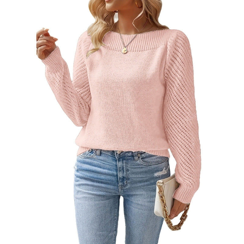 Women's Fine Knit Sweater with Ajour Puff Sleeves and Bateau Neckline