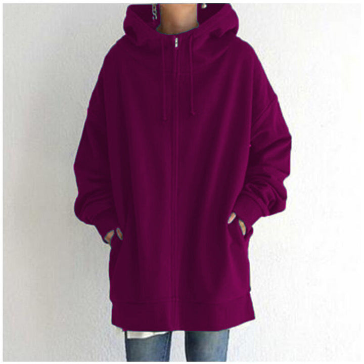 Women's Oversized Hooded Long Pullover with Zipper and Side Pockets