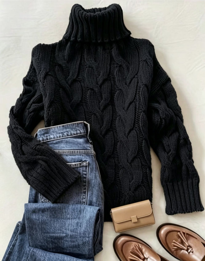 Women's Chunky Knit Turtleneck Sweater with Distinctive Cable Patterns and Ribbed Cuffs
