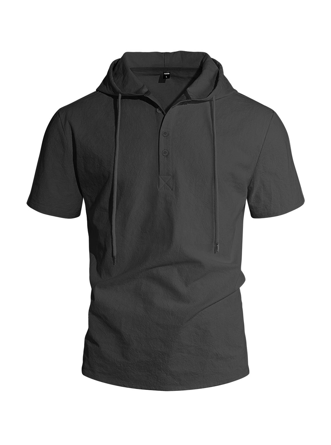 Men's Short-sleeved Hooded Henley made of Slub Cotton with Concealed Button Placket and Drawstring