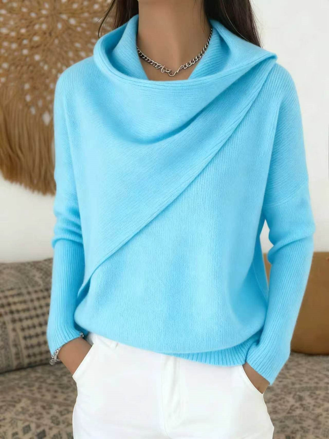 Women's Asymmetric Chunky Knit Sweater with Shawl Collar