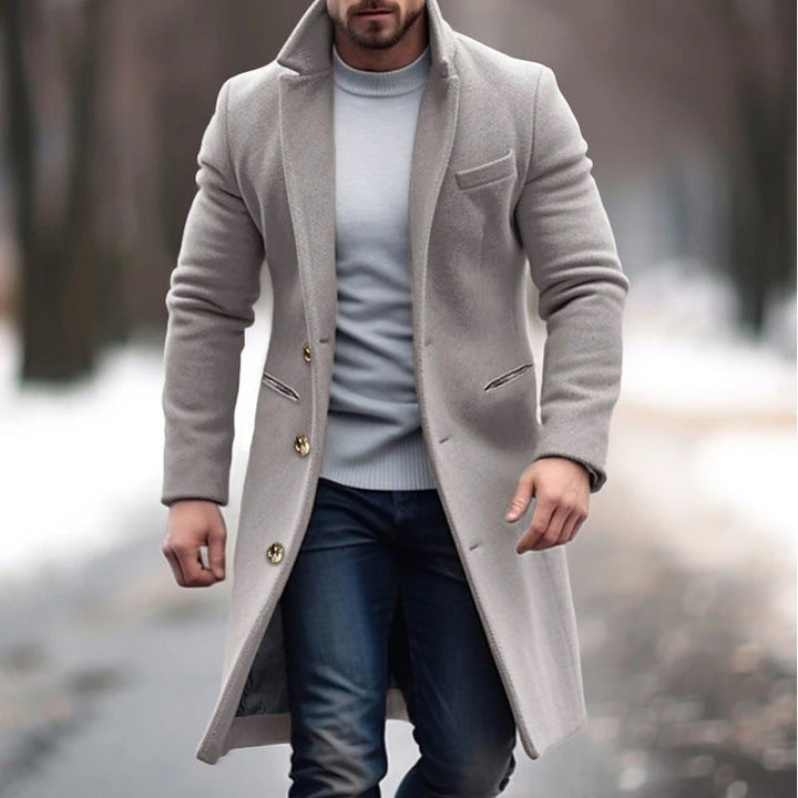 Men's Elegant Single-Breasted Long Coat made of Wool Blend with Slim Silhouette and Lapel Collar