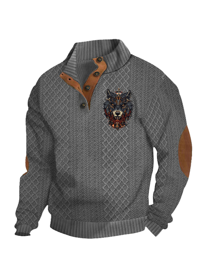 Men's Heritage Textured Pullover with Stand-up Collar Faux Leather Trim Elbow Patches and Half-button Placket