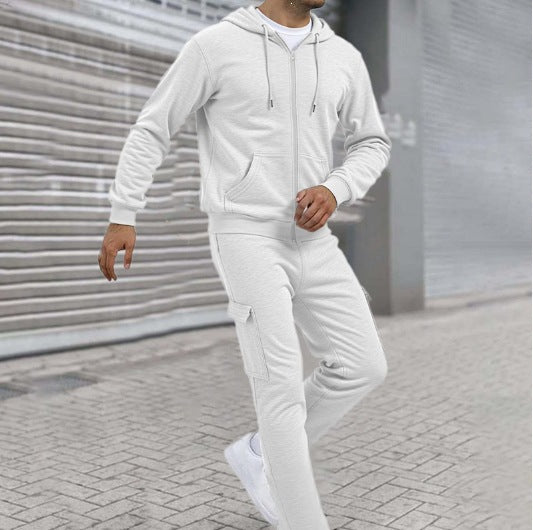 Men's Sporty Zip Sweat Set with Cargo Joggers, Ergonomic Seams, and Ribbed Cuffs