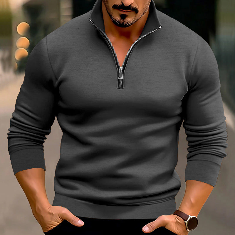 Men's Fitted Fine Knit Pullover with Short Zipper and Stand-up Collar