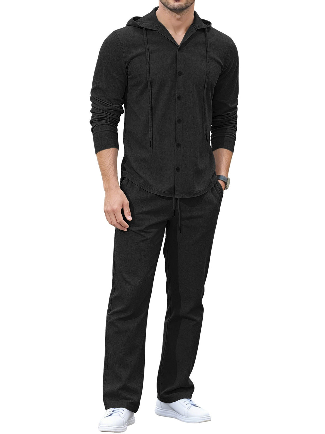 Men's Casual Button Hoodie Lounge Set made of Jersey with Drawstring and Comfort Jogger