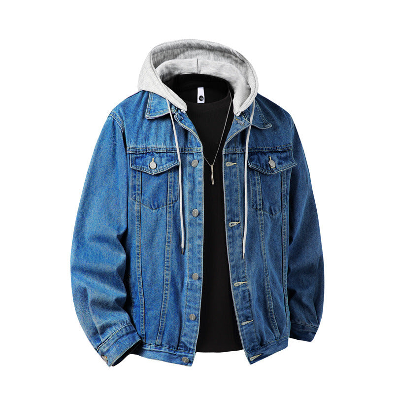 Men's Denim Jacket with Attached Hood Layered Look Robust Cotton Blend