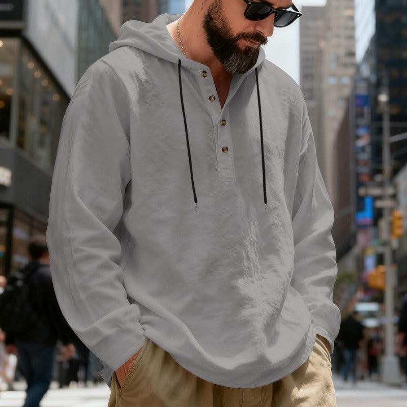 Men's Lightweight Hooded Shirt with Button Placket made of Linen Blend and Relaxed Fit