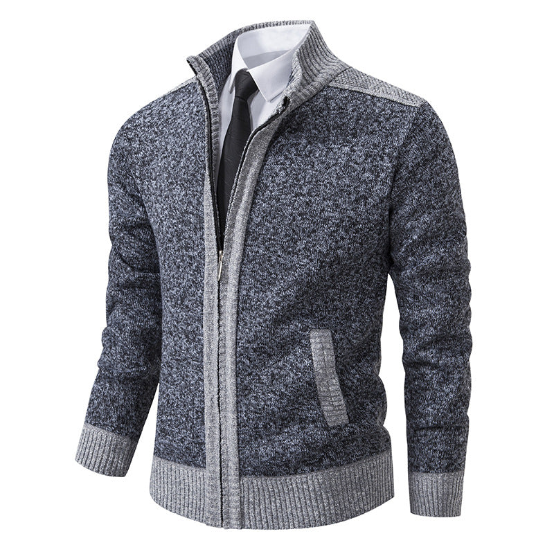 Men's Structured Knit Cardigan with Stand-up Collar and Full Zip