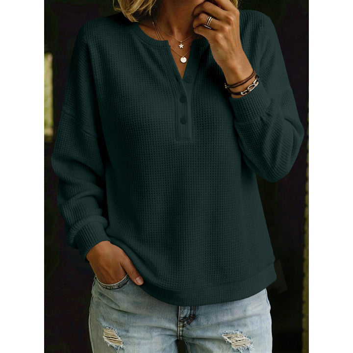Women's Waffle Knit Henley Sweater with Oversized Cut