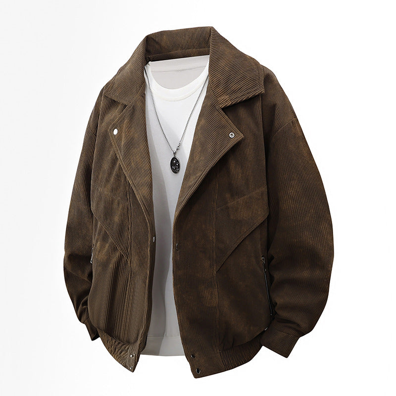 Men's Nano Oversized Cord Jacket with Wide Lapel, Zipper Pockets, and Elastic Hem