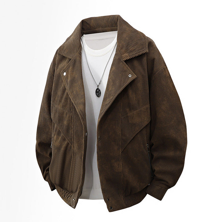 Men's Nano Oversized Cord Jacket with Wide Lapel, Zipper Pockets, and Elastic Hem