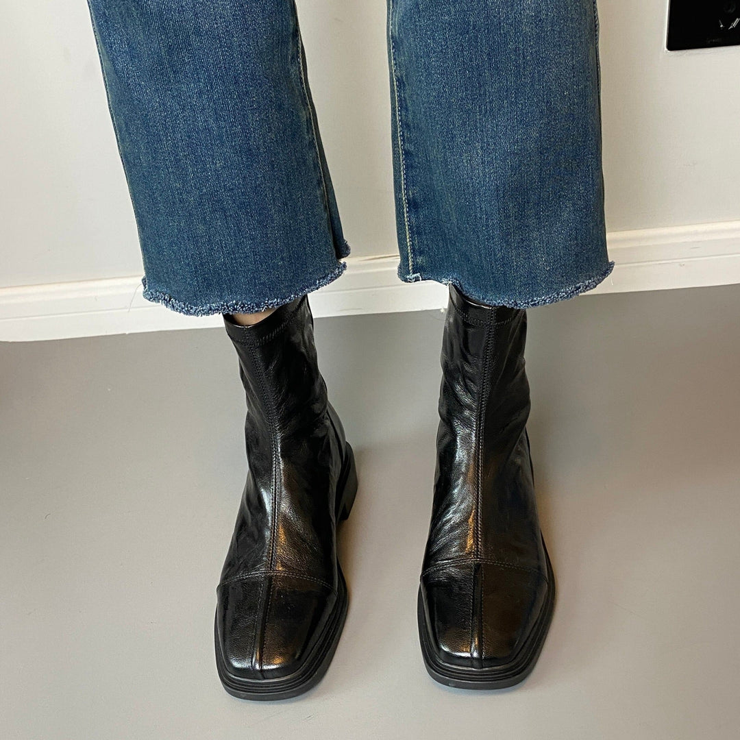 Women's Leather Boots with Square Toe and Patterned Rubber Sole