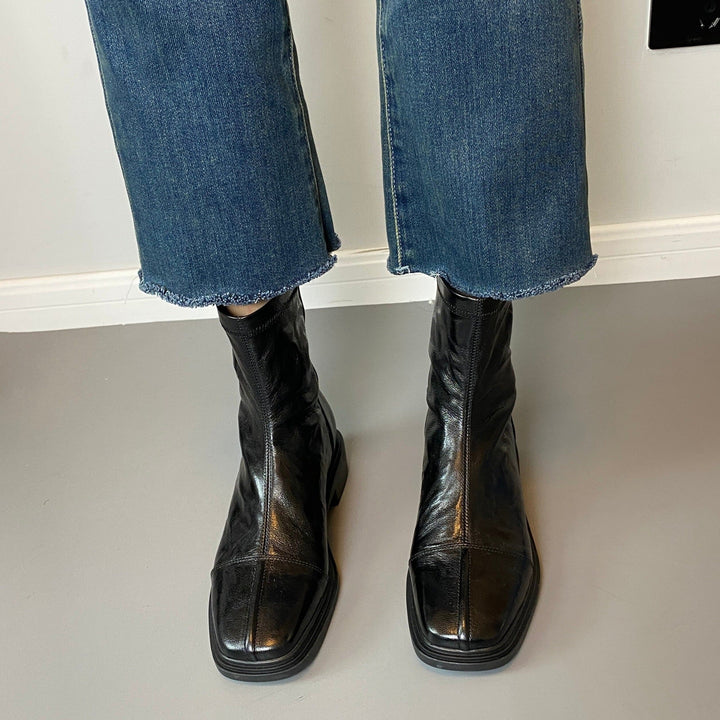 Women's Leather Boots with Square Toe and Patterned Rubber Sole