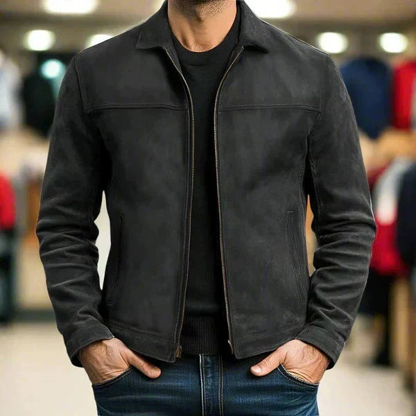 Men's Vintage Suede Jacket with Slim Fit and Zipper