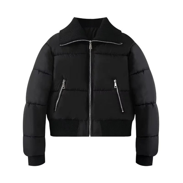 Women's Short Quilted Bomber Jacket with High Stand Collar, Ribbed Trims and Slanted Zip Pockets
