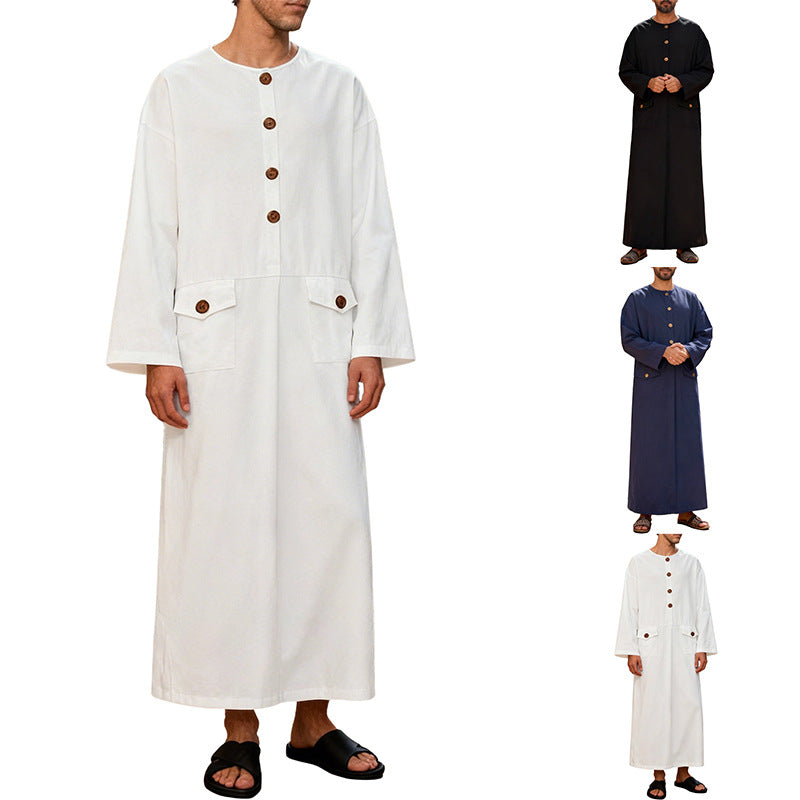 Men's Long Minimalist Coat with Round Neckline, Continuous Button Placket, and Applied Flap Pockets