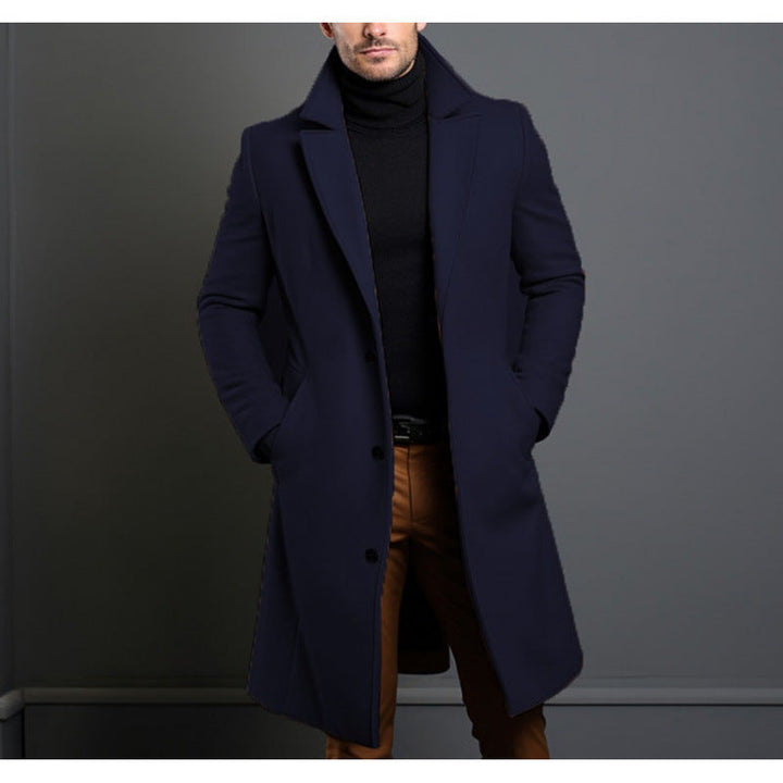 Men's Elegant Single-Breasted Long Coat made of Wool Blend with Slim Silhouette and Lapel Collar