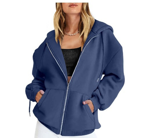 Women's Oversized Zip Hoodie with Contrasting Zipper, Double-layered Hood and Kangaroo Pocket
